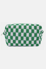 Green and white checkered pattern knitted cosmetic pouch with zipper closure for stylish makeup organization.