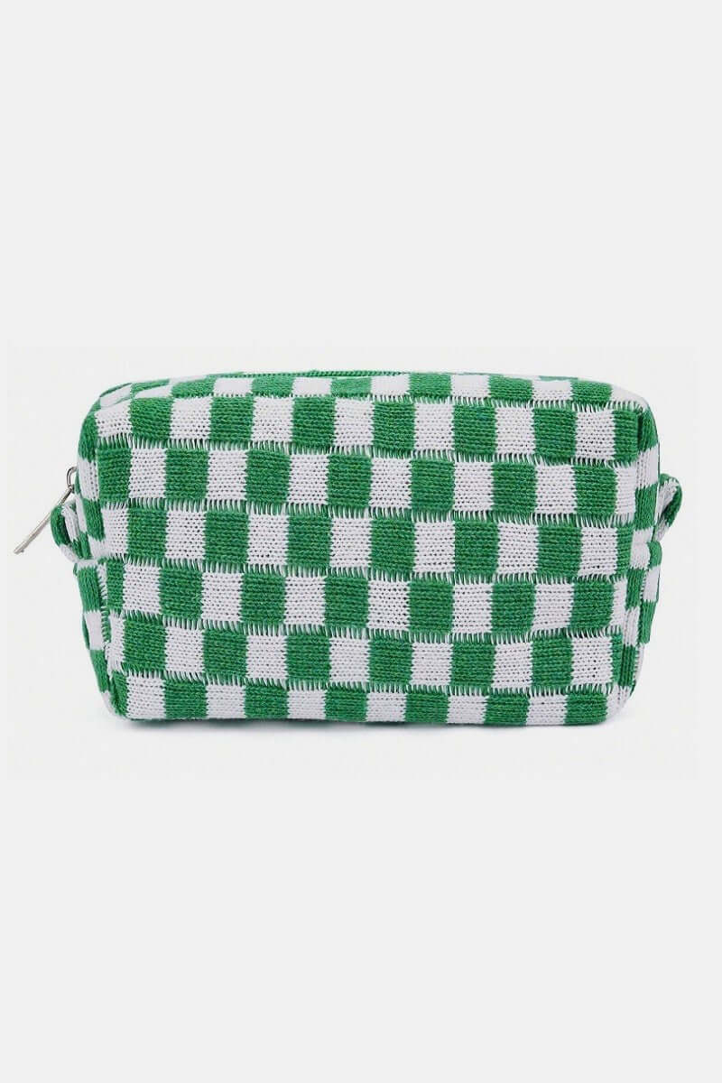 Green and white checkered pattern knitted cosmetic pouch with zipper closure for stylish makeup organization.