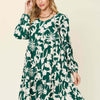 Printed Ruffle Hem Long Sleeve Dress | Full Size - Green