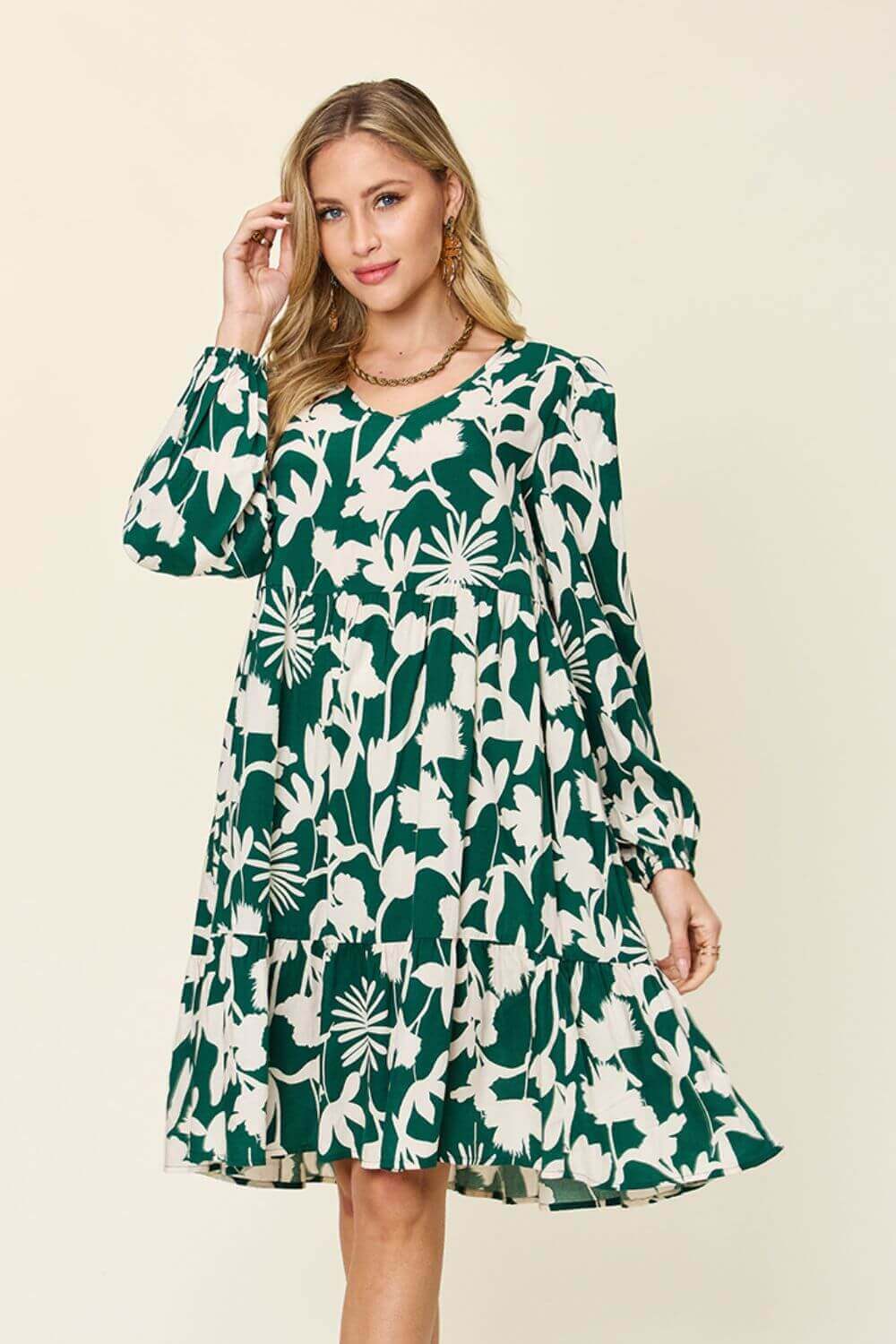 DOUBLE TAKE Full Size Printed Ruffle Hem Long Sleeve Dress at Bella Road