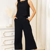 Buttoned Round Neck Tank and Wide Leg Pants Set - Black