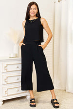 DOUBLE TAKE Buttoned Round Neck Tank and Wide Leg Pants Set at Bella Road