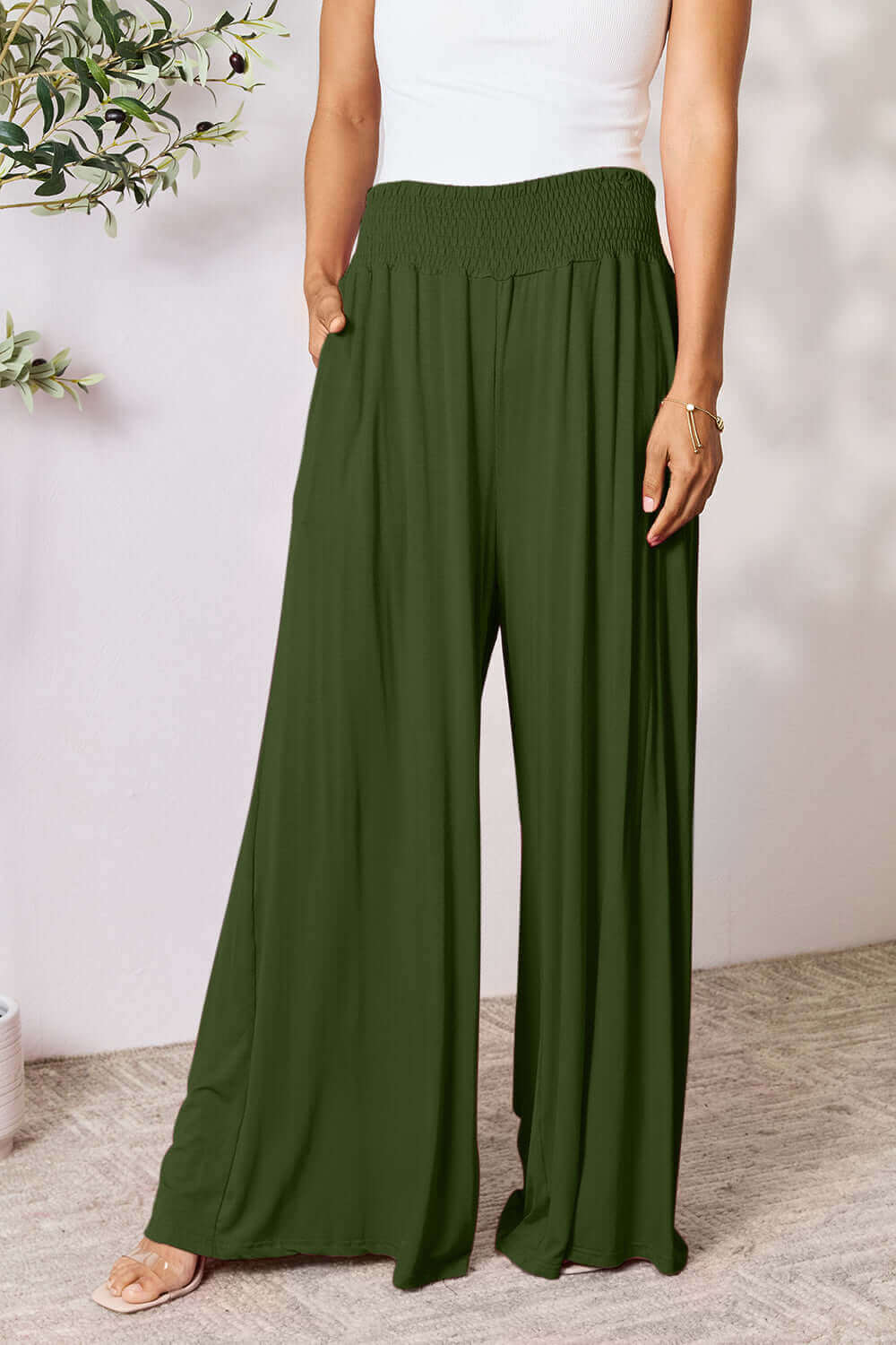 DOUBLE TAKE Full Size Smocked Wide Waistband Wide Leg Pants at Bella Road