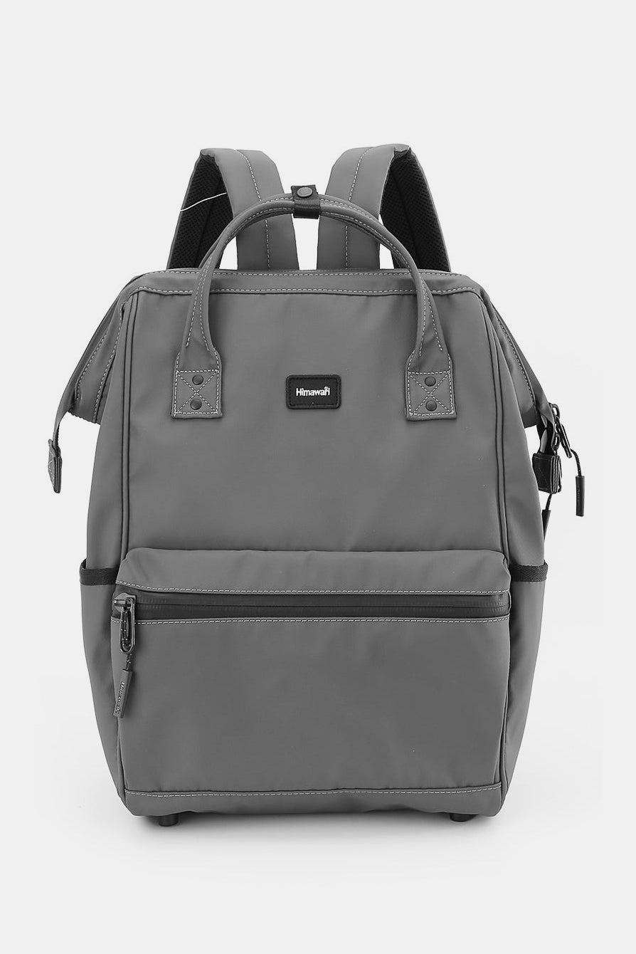 Grey Himawari waterproof backpack with USB port, perfect for travel, featuring durable nylon material and multiple compartments.