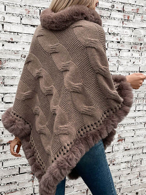 Cozy Bella Road Fuzzy Hem Cable-Knit Poncho in warm taupe, perfect for chilly days and stylish layering.