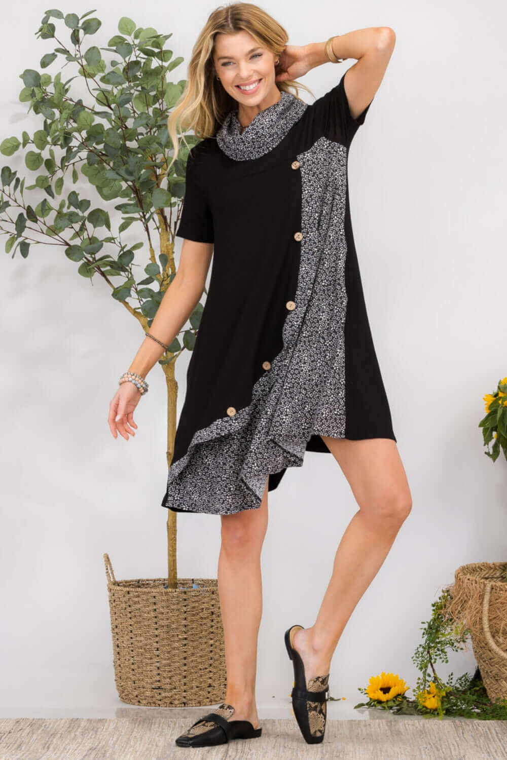 CELESTE Full Size Decor Button Short Sleeve Dress with Pockets at Bella Road