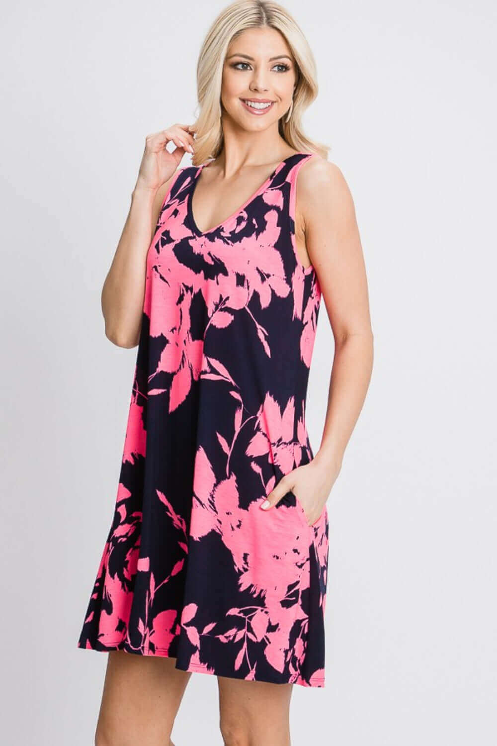 HEIMISH Full Size Floral V-Neck Tank Dress with Pockets at Bella Road