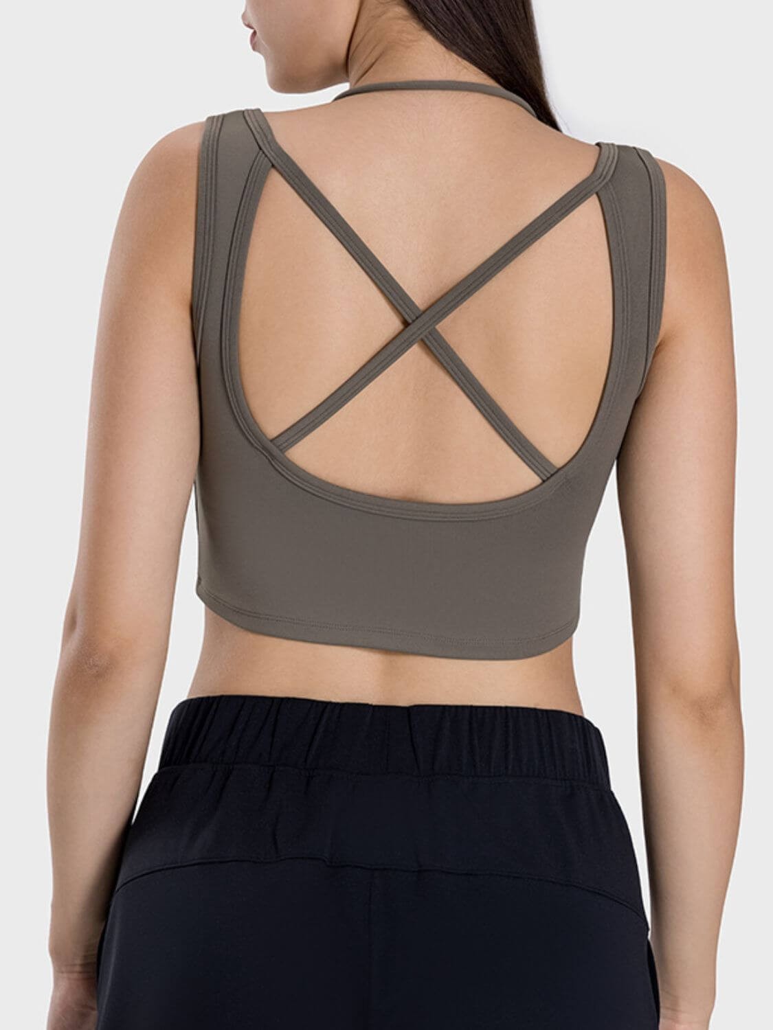 Back view of Millennia Crisscross Square Neck Active Tank in olive green, showcasing its stylish crisscross design.