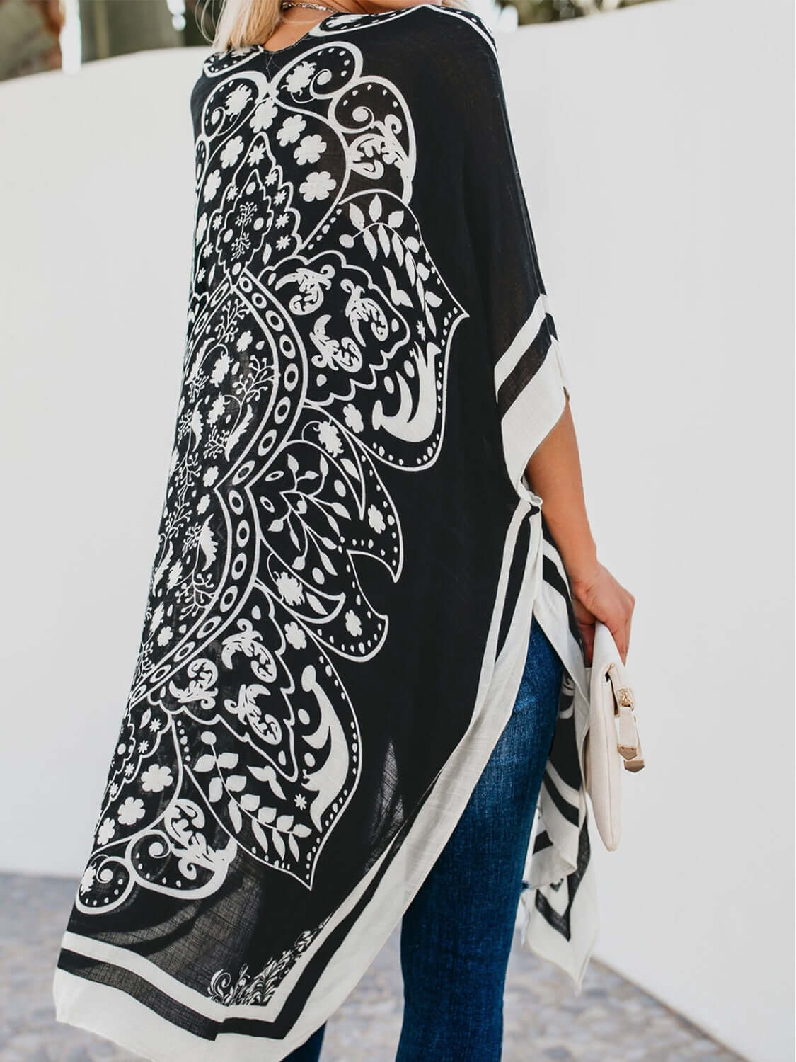 Chic Bella Road Swim Printed Open Front Cover-Up with black and white mandala design, perfect for beach days.