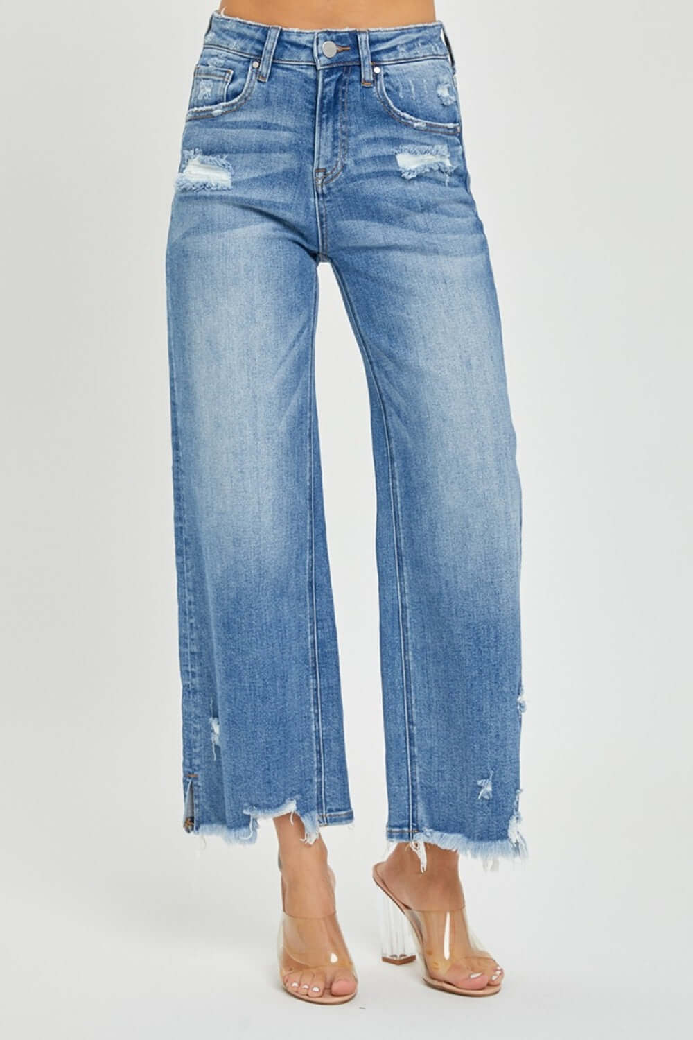 High rise side slit raw hem cropped Risen jeans - trendy and stylish casual wear with edgy distressed look