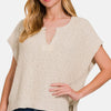 Short Sleeve Side Slit Sweater - Sand Beige