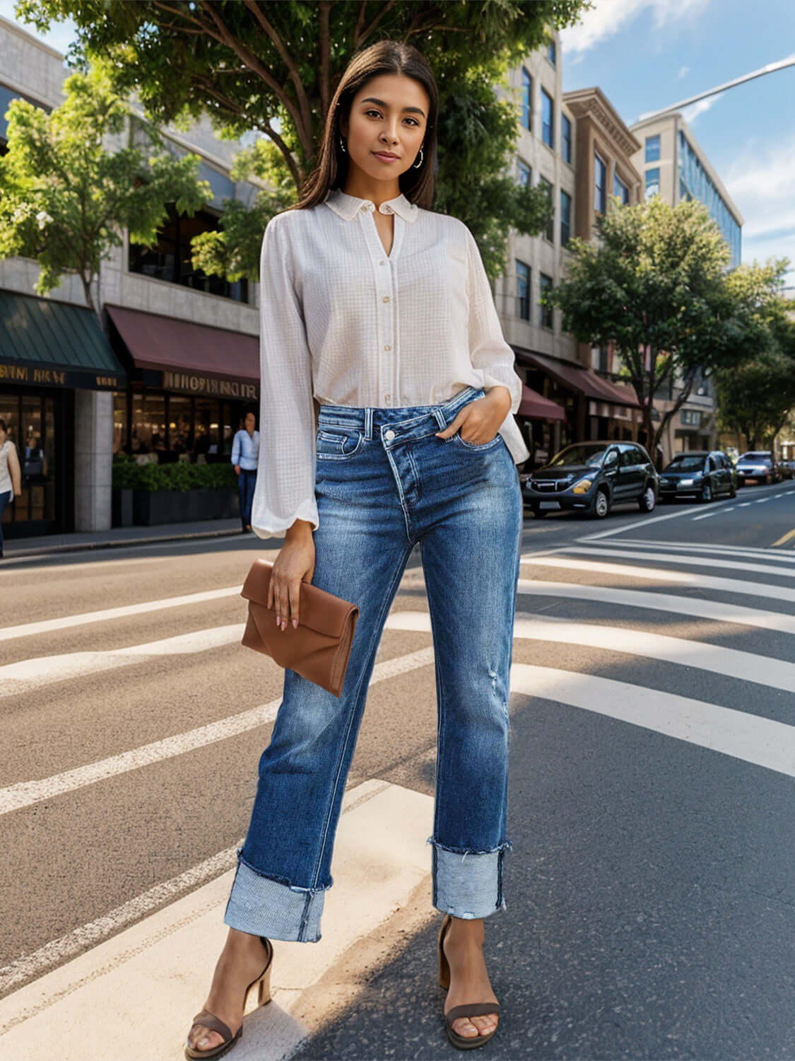 Woman wearing Stepped Waist Raw Hem Rolled Straight Jeans on city street