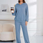 Cozy in light blue Bella Road dropped shoulder long sleeve hoodie and pants set, perfect for lounging or errands.