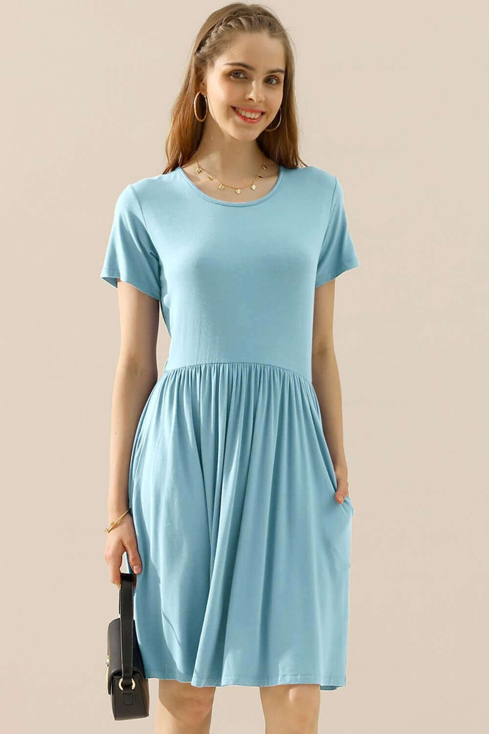 NINEXIS Full Size Round Neck Ruched Dress with Pockets at Bella Road