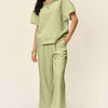 Texture Half Zip Short Sleeve Top and Pants Set | Full Size - Mist Green