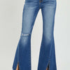 RISEN High Rise Front Slit Frayed Hem Flare Jeans - Dark