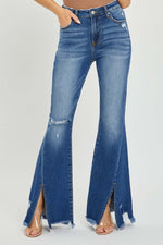 High Rise Front Slit Frayed Hem Flare Jeans by Risen Jeans - Trendy blue jeans with front slits and a flared, frayed hem for a stylish, retro look