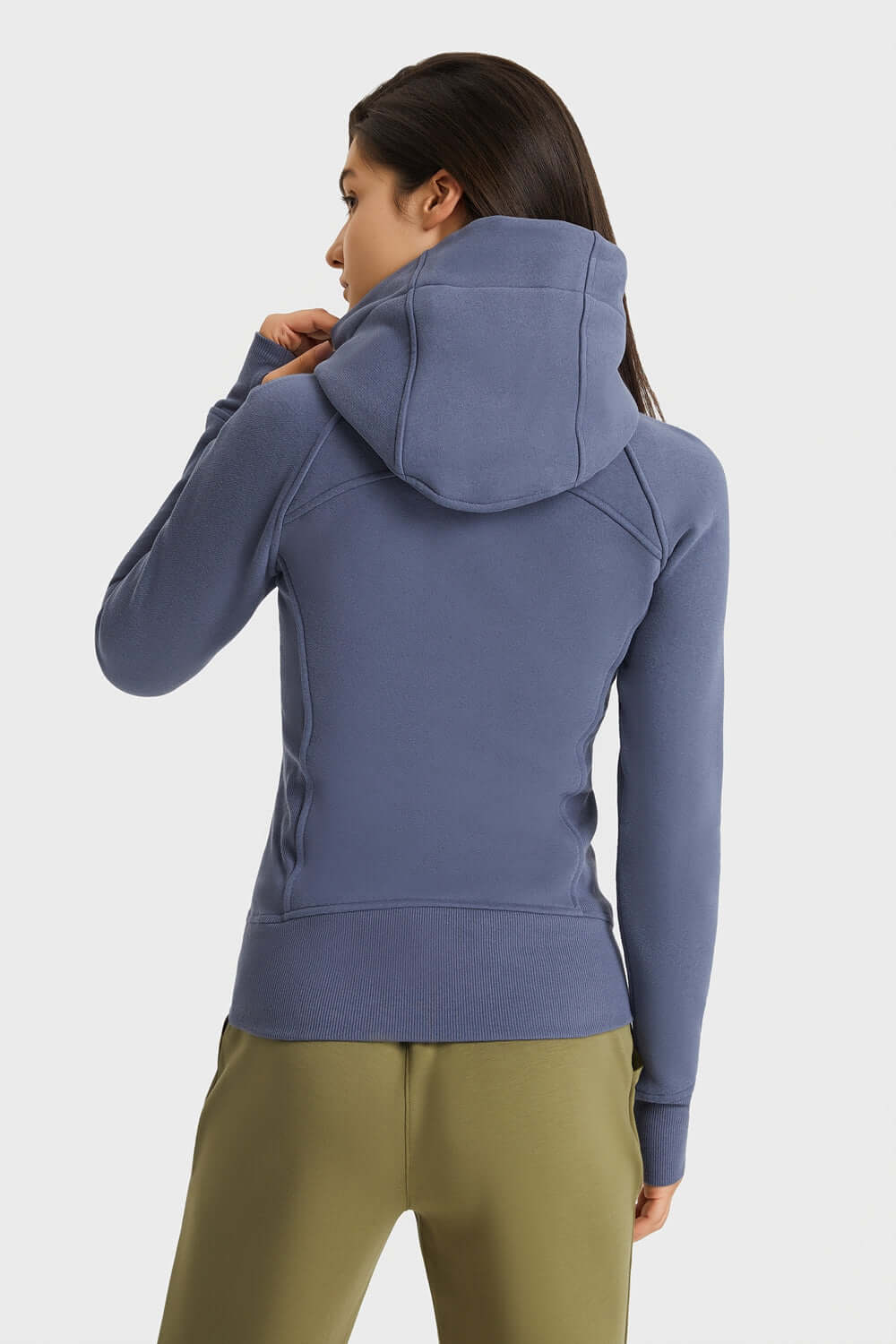 Back view of Millennia Zip Up Seam Detail Hooded Sports Jacket in blue, showcasing its stylish design and cozy hood.