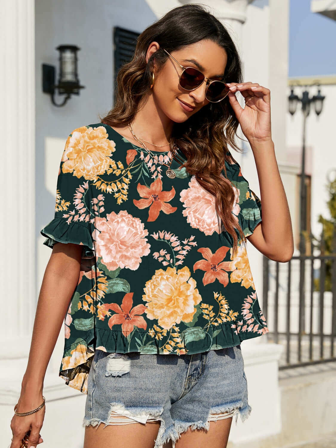 BELLA ROAD Floral Ruffled Short Sleeve Blouse at Bella Road