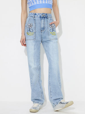 Bella Road "No Bad Days" Flower High Rise Straight Leg Jeans with Pockets in light blue denim, featuring playful floral embroidery.