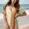 Openwork Color Block V-Neck Short Sleeve Cover-Up - Mustard