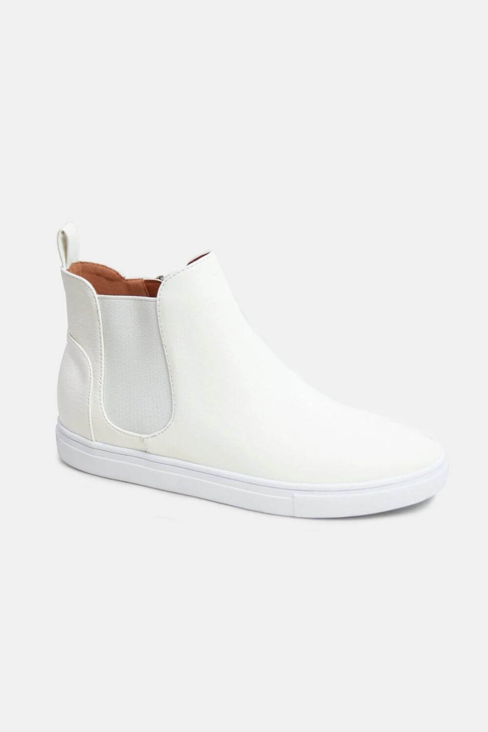 Stylish white faux suede elastic side panel sneakers for comfort and versatility in everyday wear.