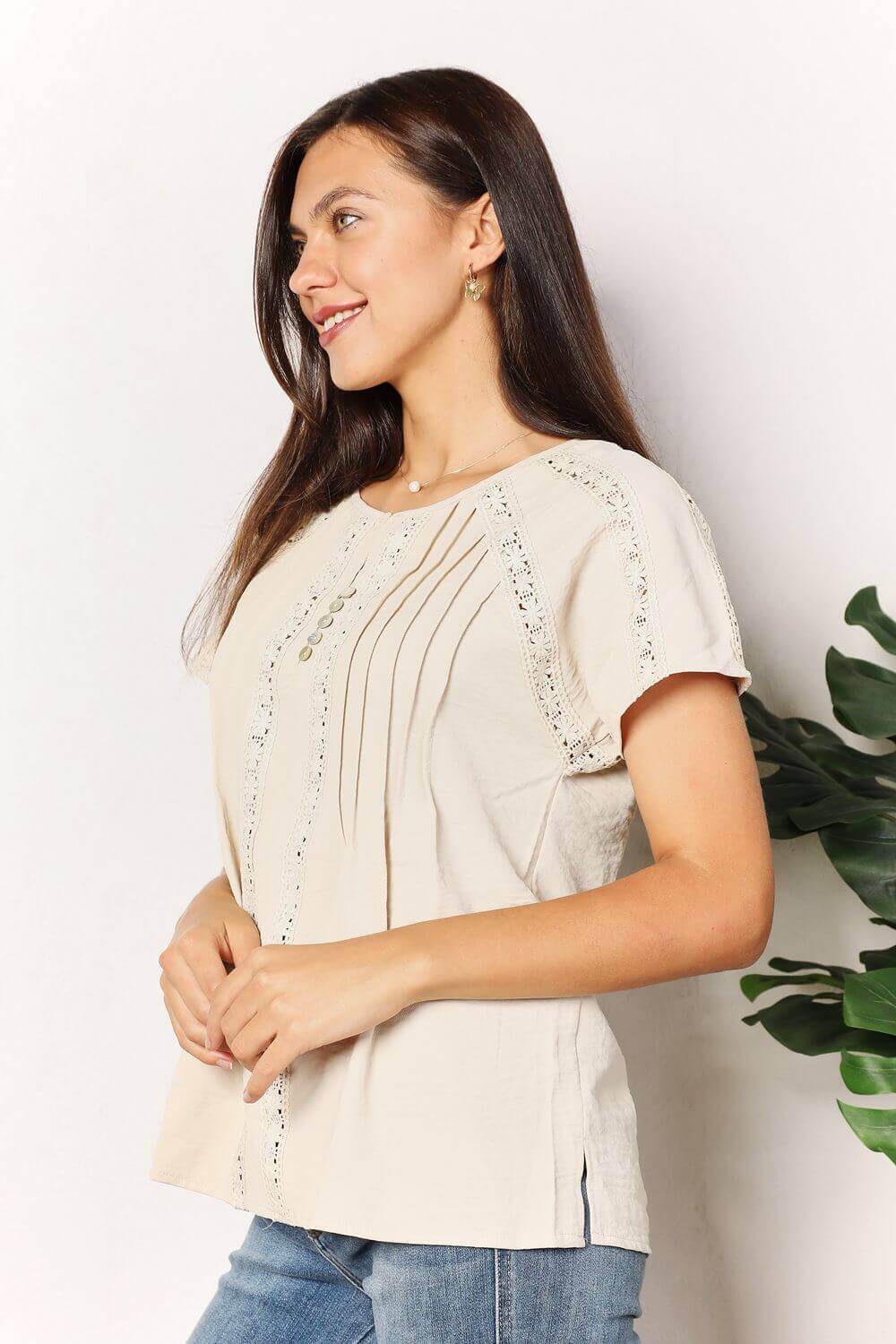 DOUBLE TAKE Crochet Buttoned Short Sleeves Top at Bella Road