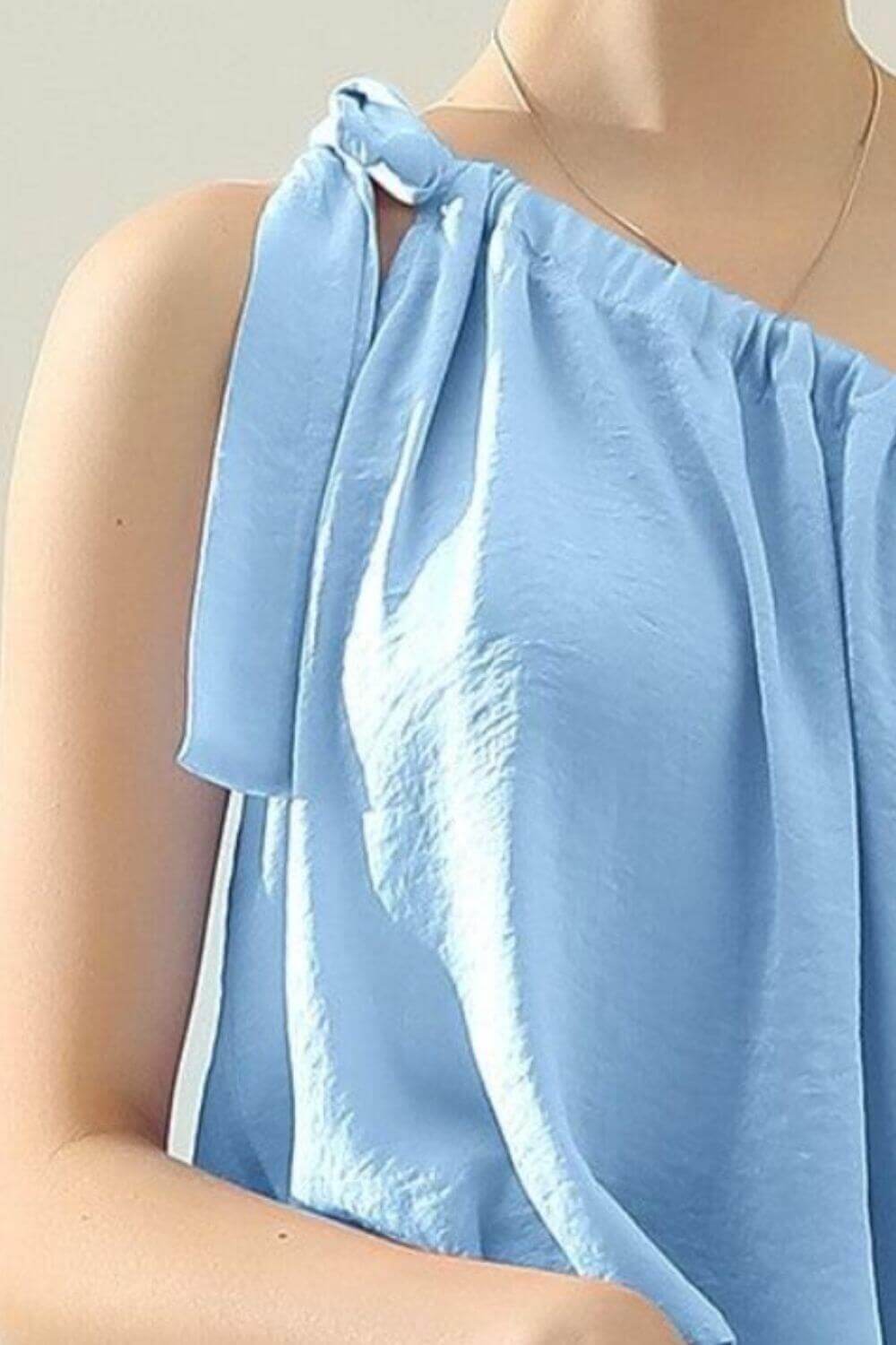 NINEXIS One Shoulder Bow Tie Strap Satin Silk Top at Bella Road