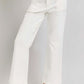 High-rise white ankle flare jeans with patch pockets, showcasing a chic, flattering silhouette and retro style charm.