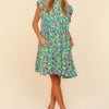 Frilled Mock Neck Ditsy Floral Dress - Aqua