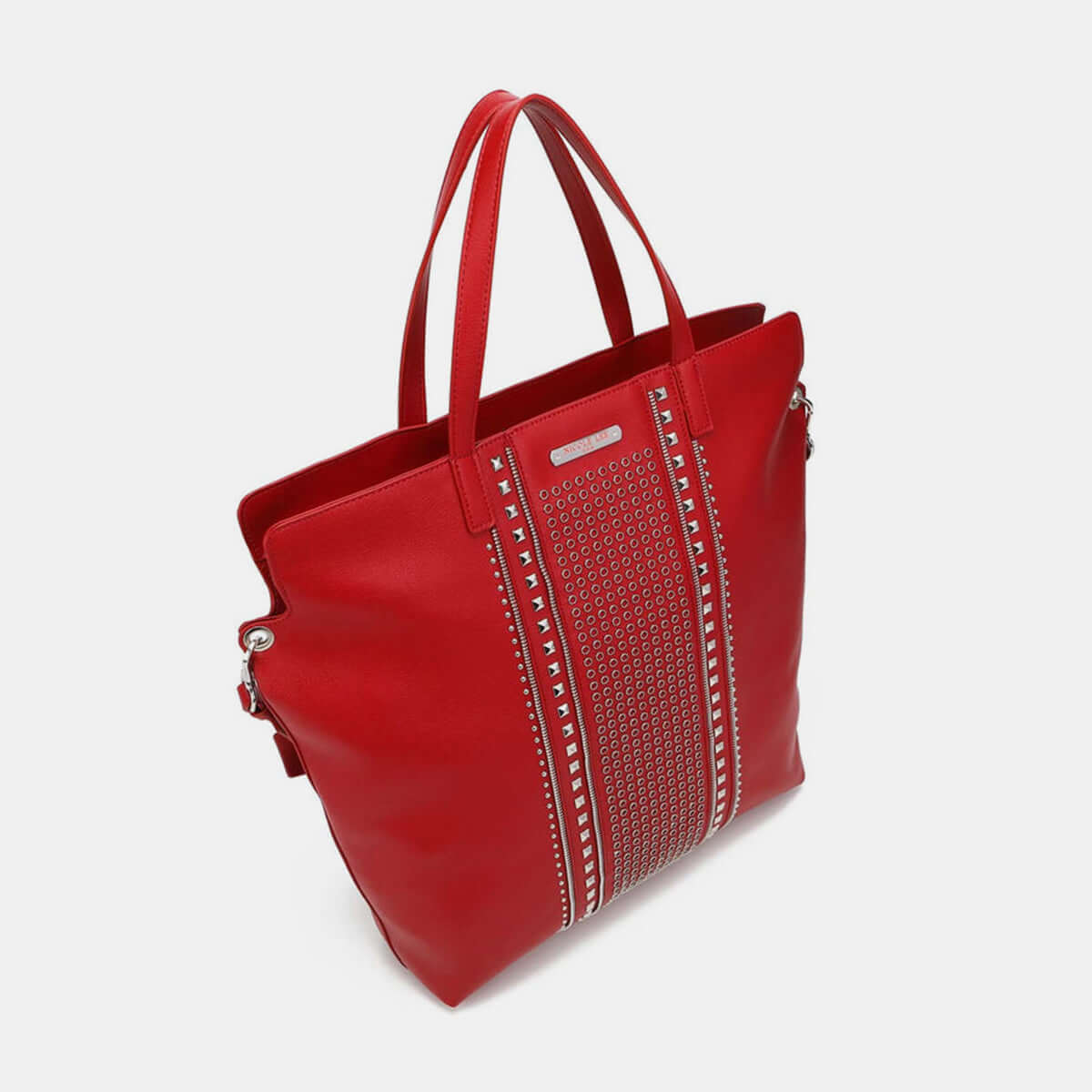 Red Nicole Lee USA studded large tote bag with pebbled vegan leather, dual top handles, and shoulder strap for convenient carrying.