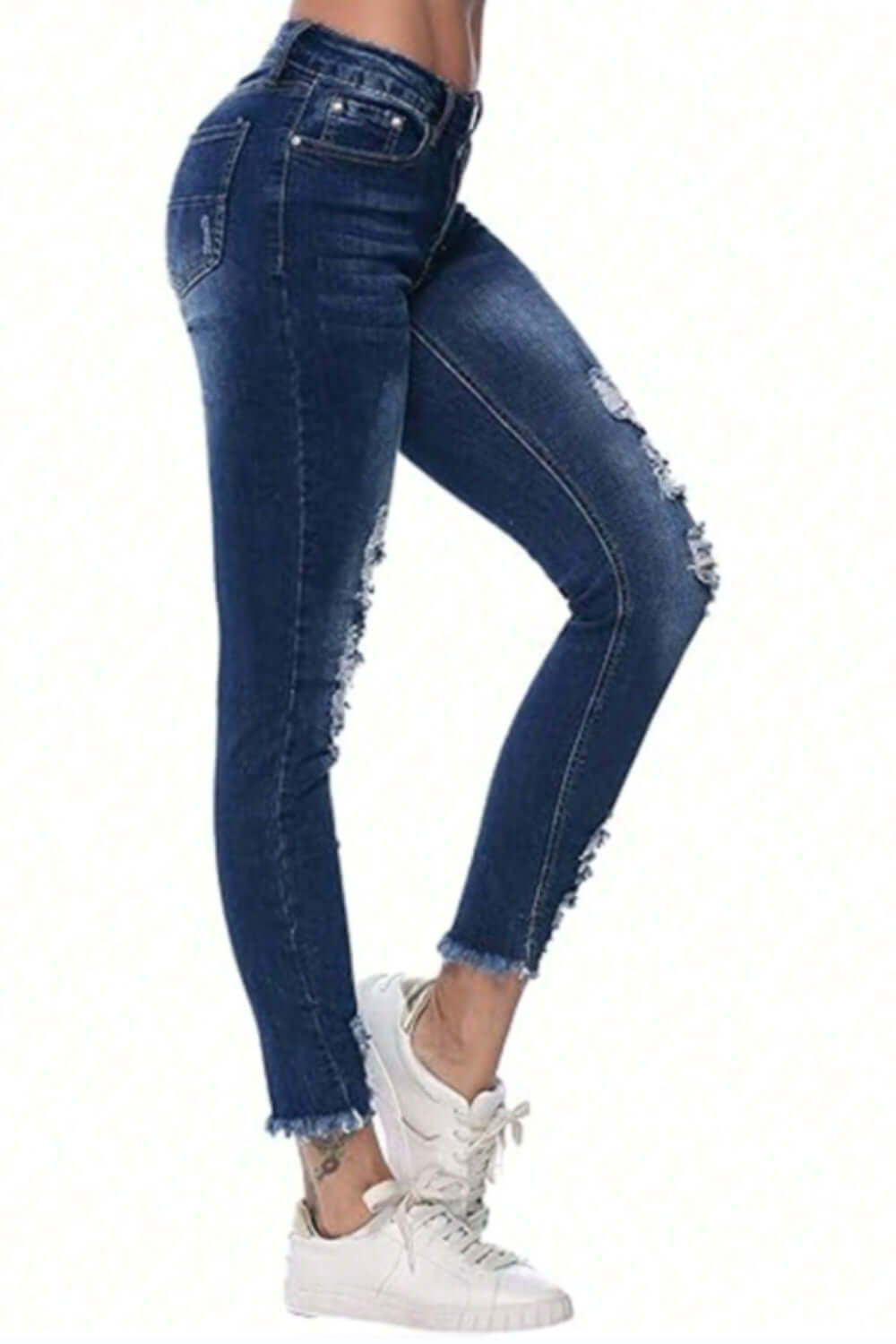 Distressed Raw Hem Jeans with Pockets - Women's trendy denim featuring a raw hem and functional pockets for an edgy, rebellious look