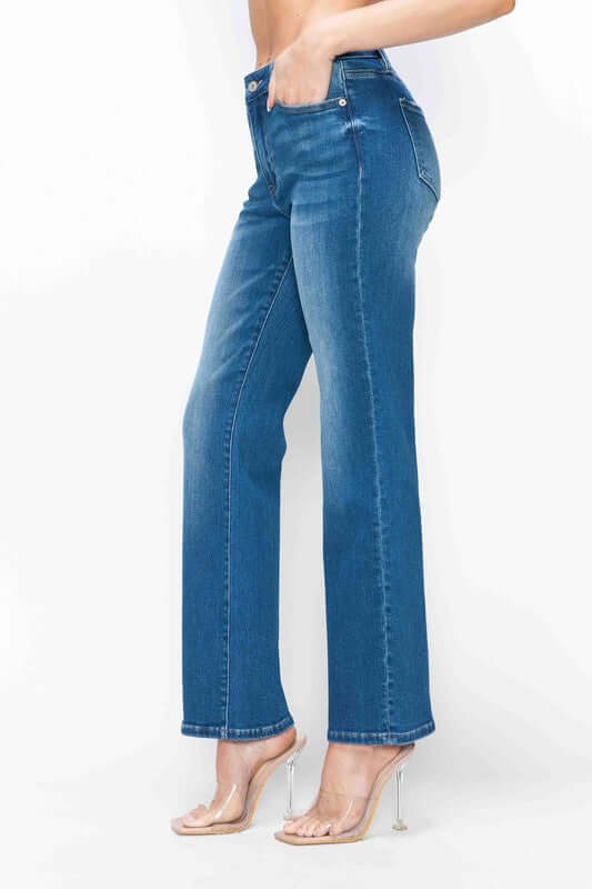 Model showcasing bytos Cat's Whiskers High Rise Straight Jeans in a classic blue wash with a stylish straight-leg silhouette.