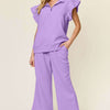 Texture Ruffle Short Sleeve Top and Drawstring Wide Leg Pants Set - Lavender