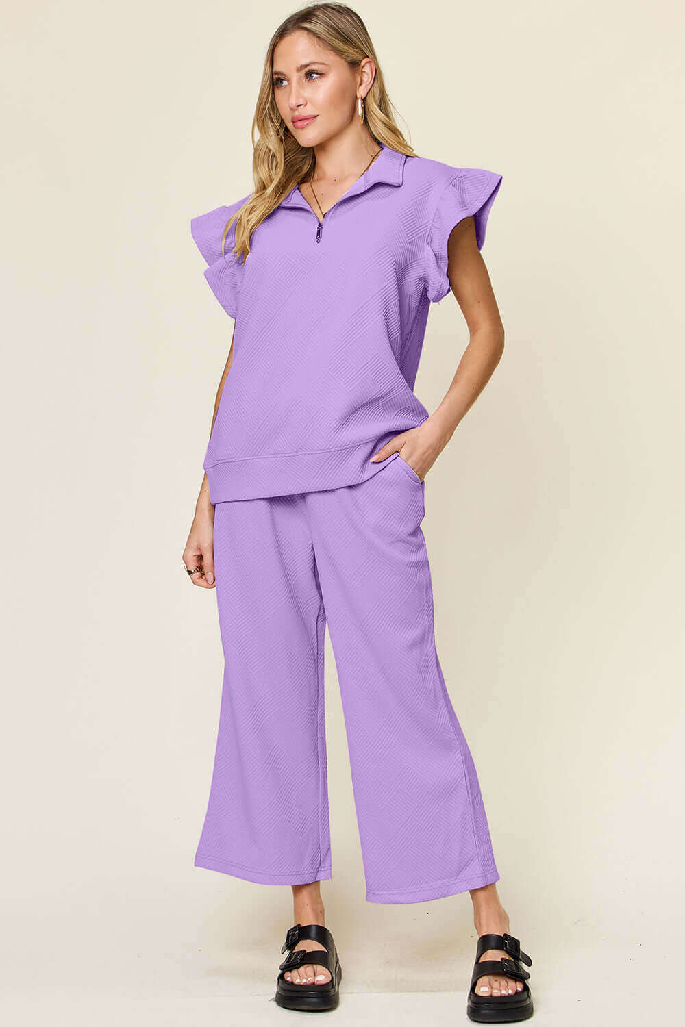 DOUBLE TAKE Texture Ruffle Short Sleeve Top and Drawstring Wide Leg Pants Set at Bella Road