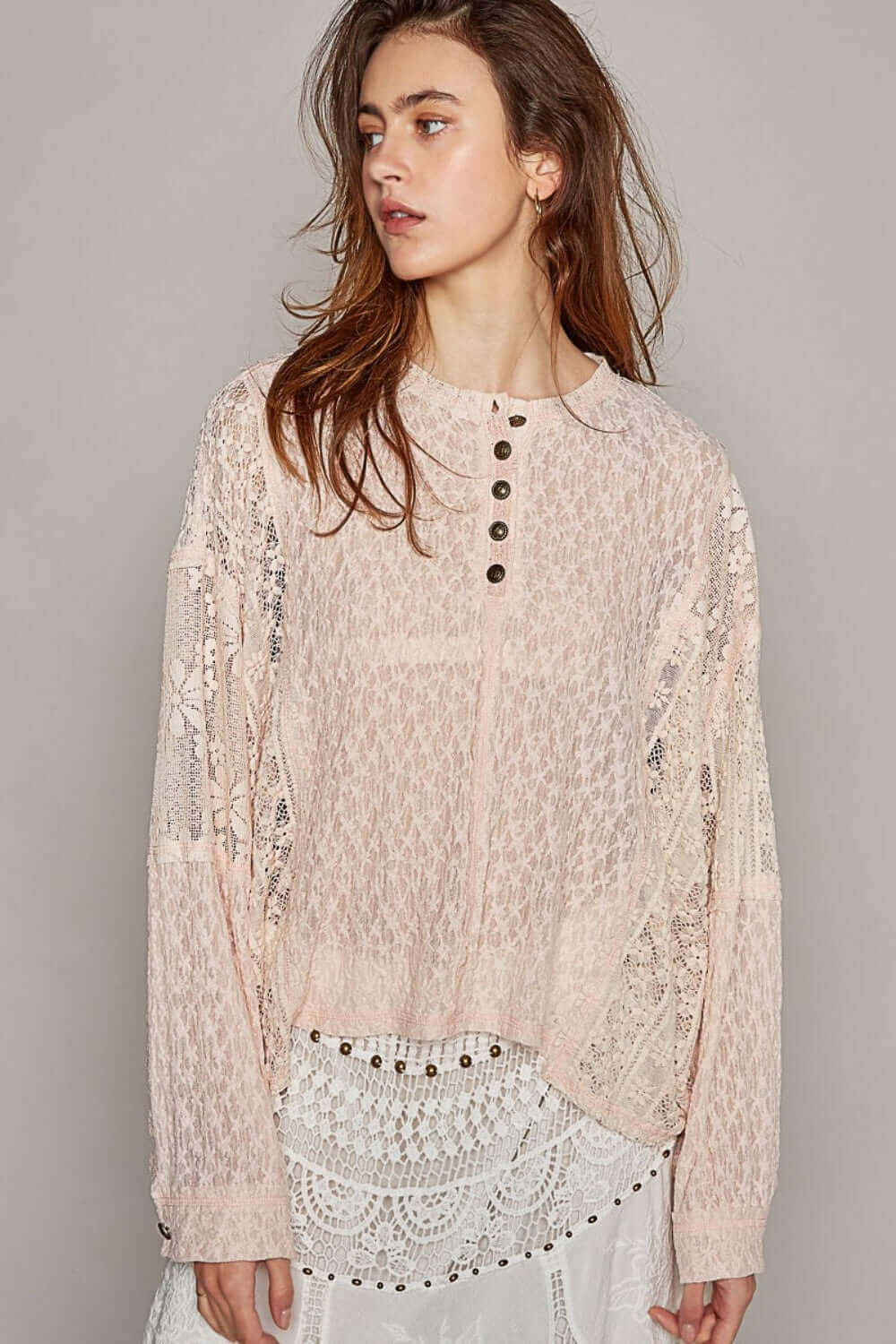 POL Round Neck Long Sleeve Raw Edge Lace Top at Bella Road