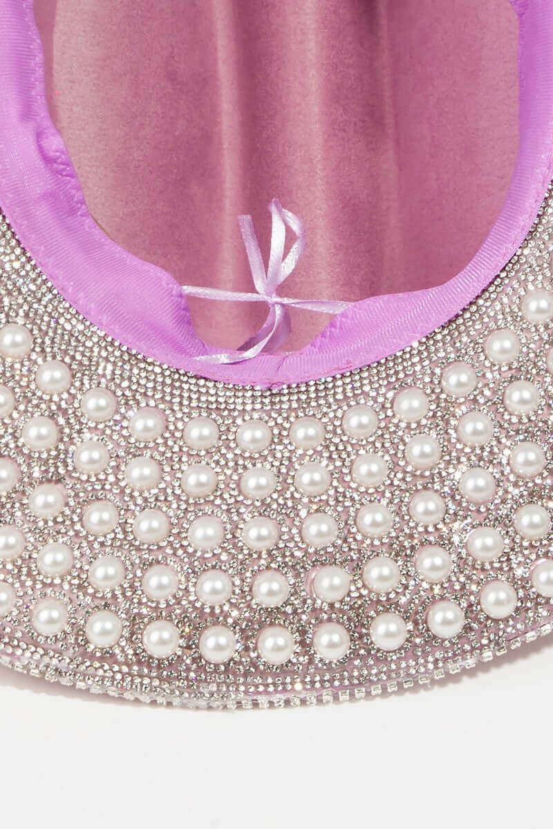 FAME Pave Rhinestone Pearl Trim Cowboy Hat at Bella Road