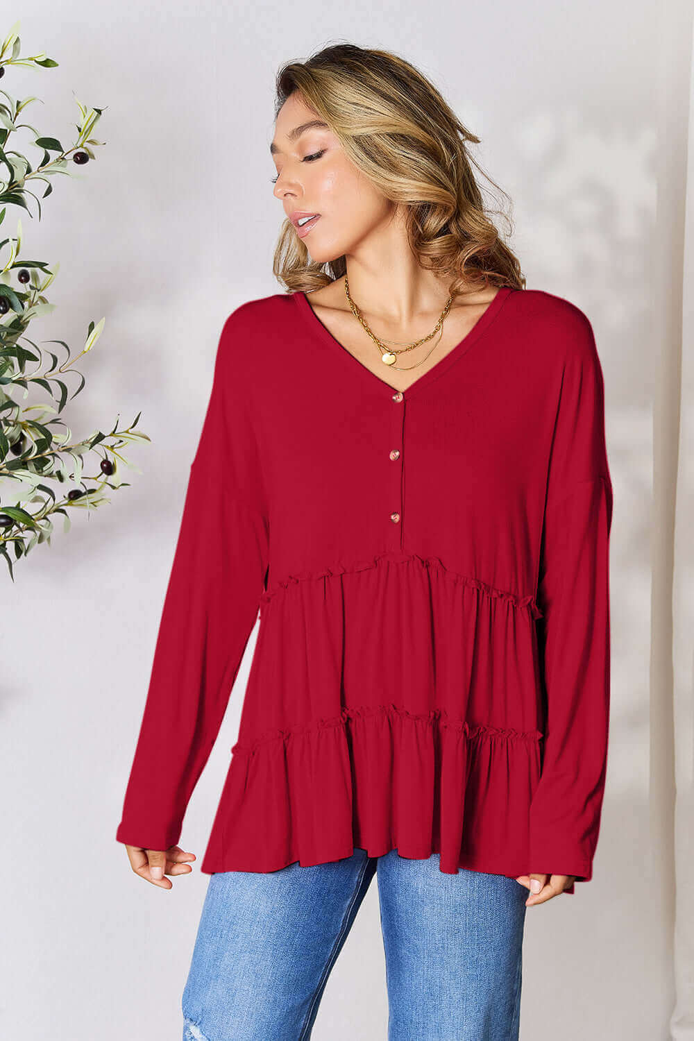 DOUBLE TAKE Half Button Long Sleeve Ruffle Hem Blouse at Bella Road