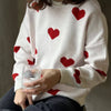 Bella Road Heart Round Neck Dropped Shoulder Sweater - White