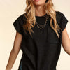 Pocketed Round Neck Cap Sleeve Knit Top - Black