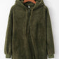 Bella Road olive green quarter-zip drawstring teddy hoodie with pocket and plush material. Perfect for cozy layering!