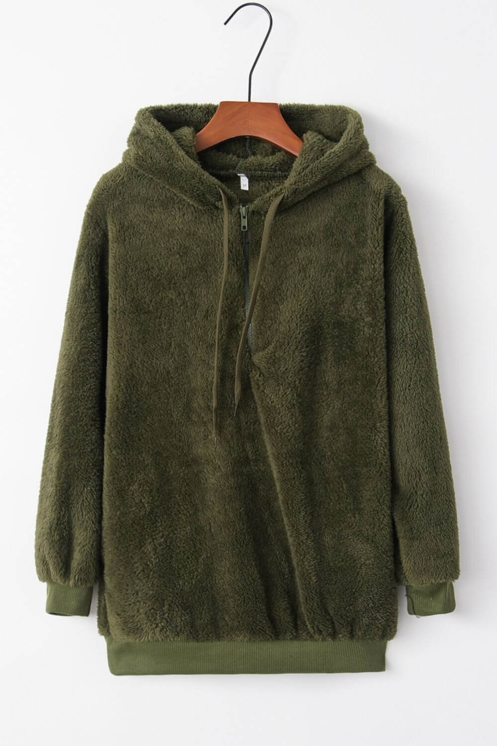 Bella Road olive green quarter-zip drawstring teddy hoodie with pocket and plush material. Perfect for cozy layering!