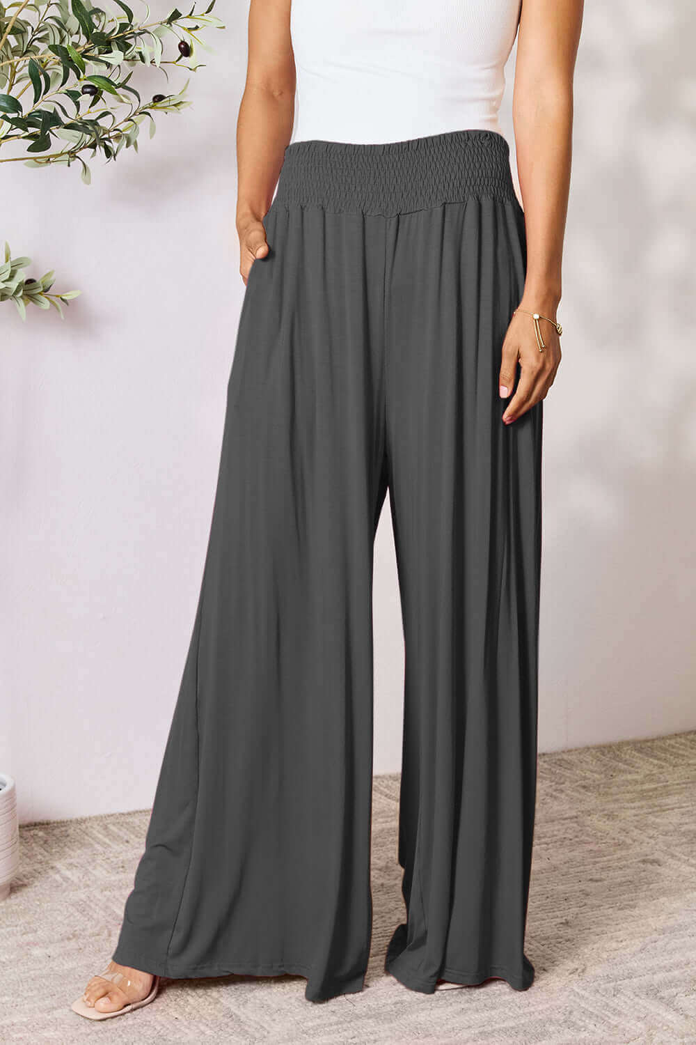 DOUBLE TAKE Full Size Smocked Wide Waistband Wide Leg Pants at Bella Road