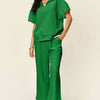 Texture Half Zip Short Sleeve Top and Pants Set | Full Size - Mid Green