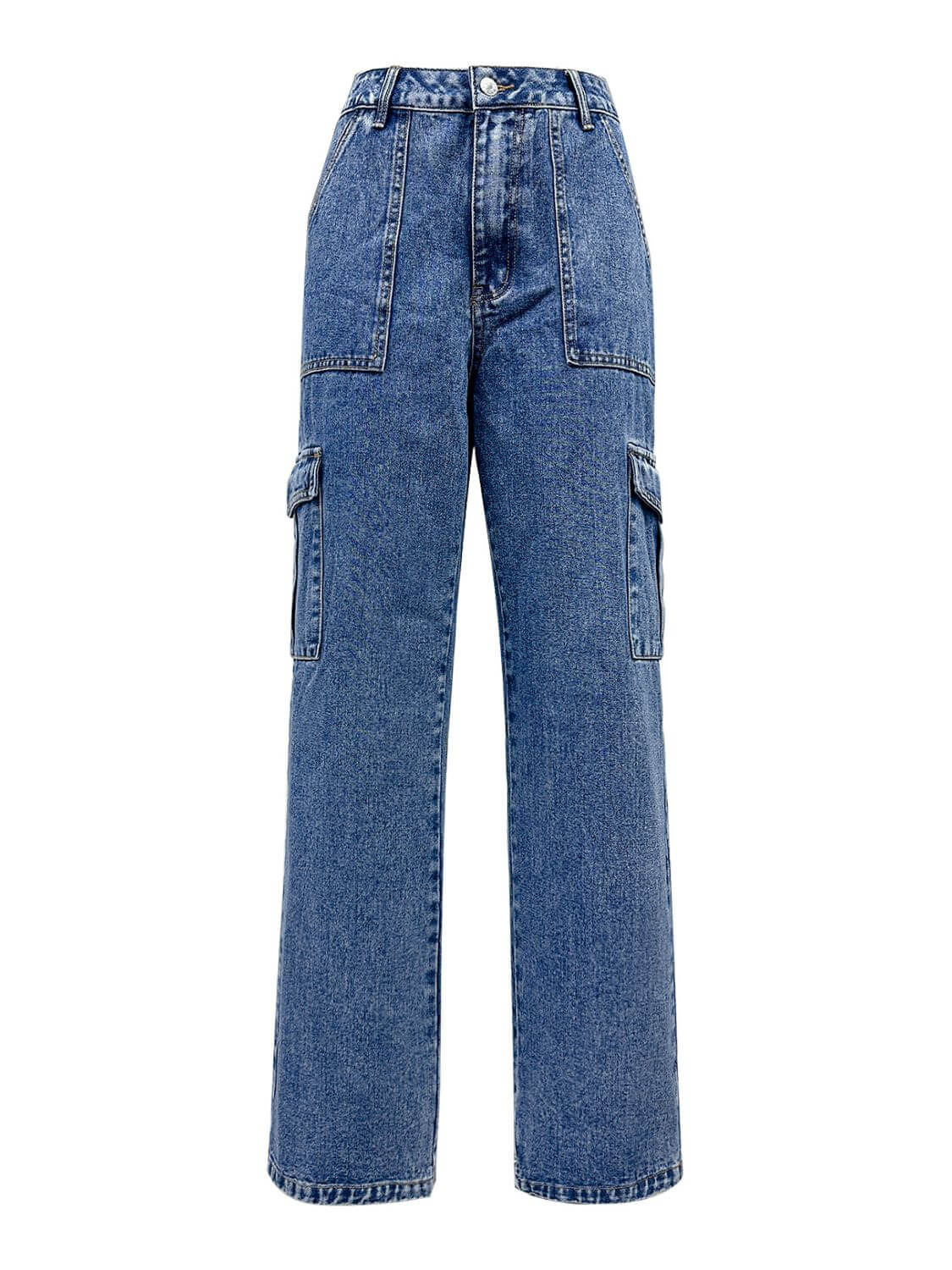 Bella Road high rise straight jeans in medium wash with cargo pockets, perfect for a stylish and versatile wardrobe.