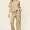 Texture Round Neck Short Sleeve T-Shirt and Wide Leg Pants | Full Size - Khaki