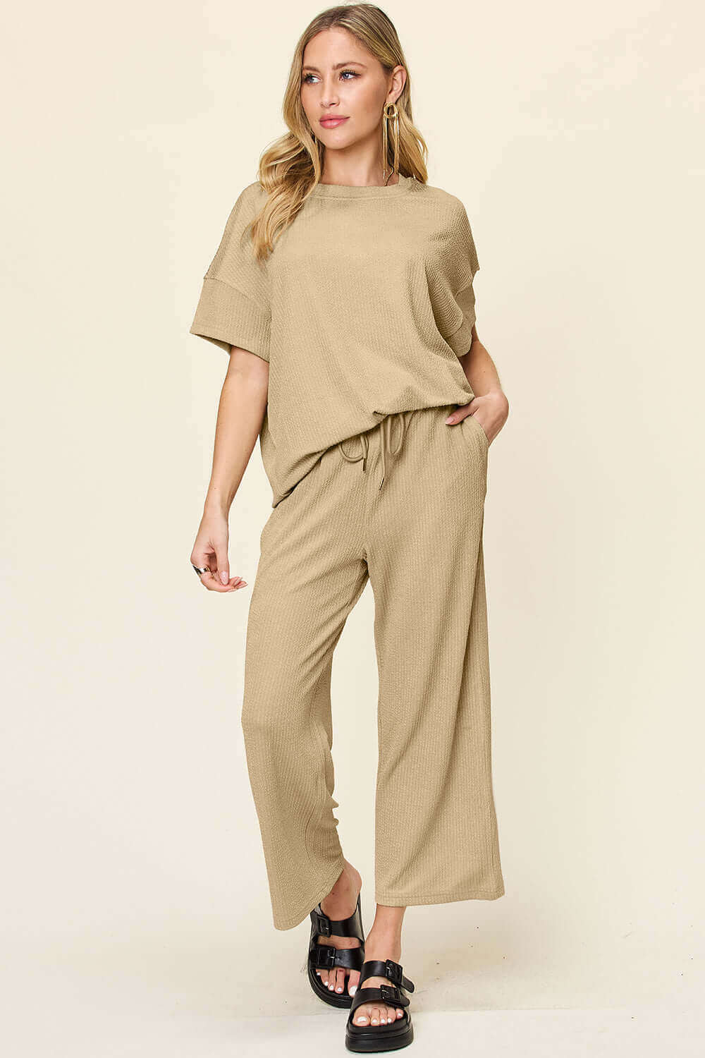 DOUBLE TAKE Full Size Texture Round Neck Short Sleeve T-Shirt and Wide Leg Pants at Bella Road