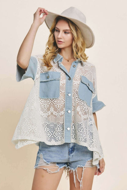 Woman wearing Button Up Short Sleeve Lace Shirt with denim shorts and a hat, showcasing fashionable lace design and casual style.