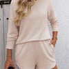 Double Take Round Neck Long Sleeve Top and Shorts Set - Beige