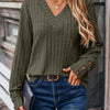 Ribbed V-Neck Long Sleeve T-Shirt - Army Green